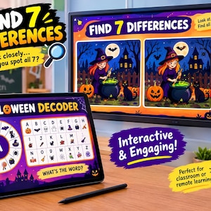 Op de afbeelding: Een tablet met een Halloween-decoder-spel met een letterwiel en alfabetrooster, geplaatst voor een grote monitor die een zoek-de-verschillen-spel toont met een heks, een zwarte kat en pompoenen in een nachtelijk tafereel.