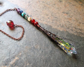 7 Chakra Pendulum - Chakra Gemstones with Aurora Borealis Crystal Base - Reiki, Meditation, Lightworker Tool, Chakra Healing