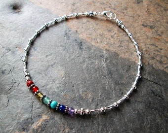 7 Chakra Anklet - Chakra Gemstones & Silver Beaded Ankle Bracelet - Reiki Charged Metaphysical Jewelry