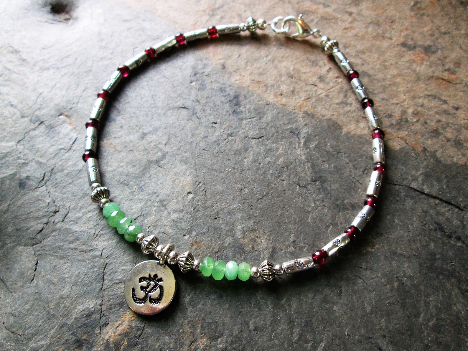 Red & Green Jade Ankle Bracelet With Silver Om Charm Etsy