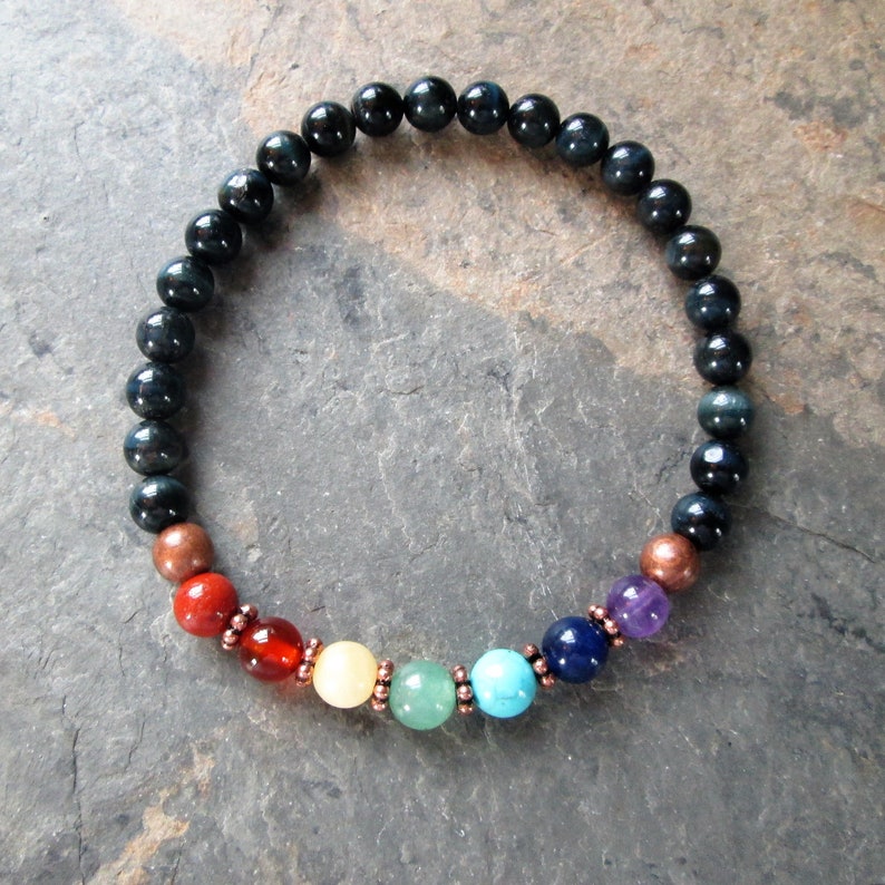 Reiki Charged Metaphysical Jewelry Blue Tiger Eye /& 7 Chakra Gemstone Stretch Bracelet