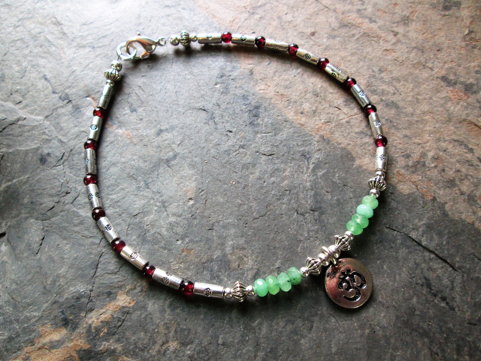Red & Green Jade Ankle Bracelet With Silver Om Charm Etsy