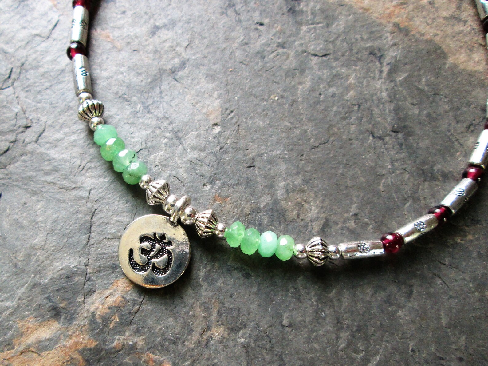 Red & Green Jade Ankle Bracelet With Silver Om Charm Etsy