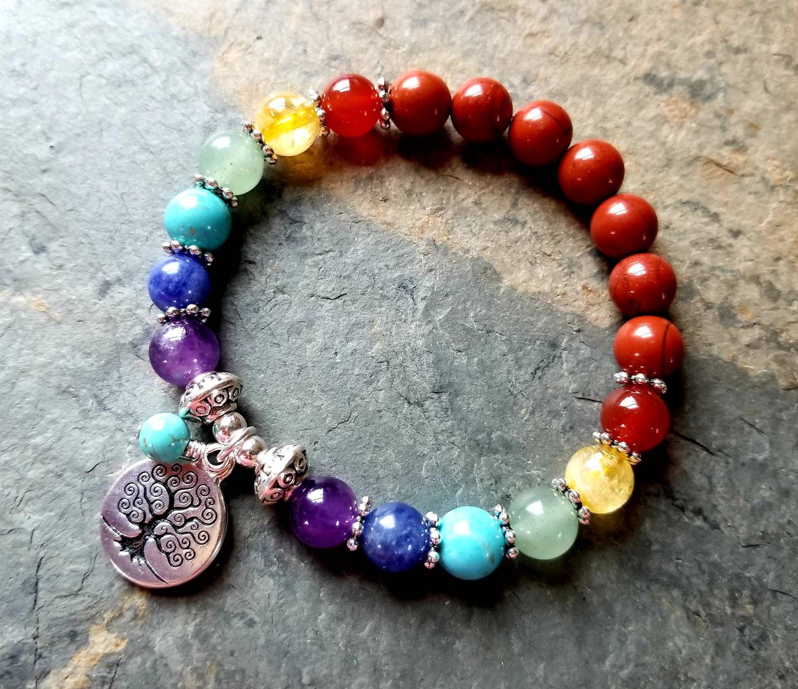 7 Chakra Bracelet With Tree Of Life Charm Chakra Gemstones Etsy 7 Chakra Bracelet With Tree Of Life Charm Chakra Gemstones Etsy