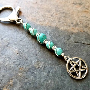 Silver Pentacle & Wire Wrapped Turquoise Stone Purse Charm - Earth Elements
