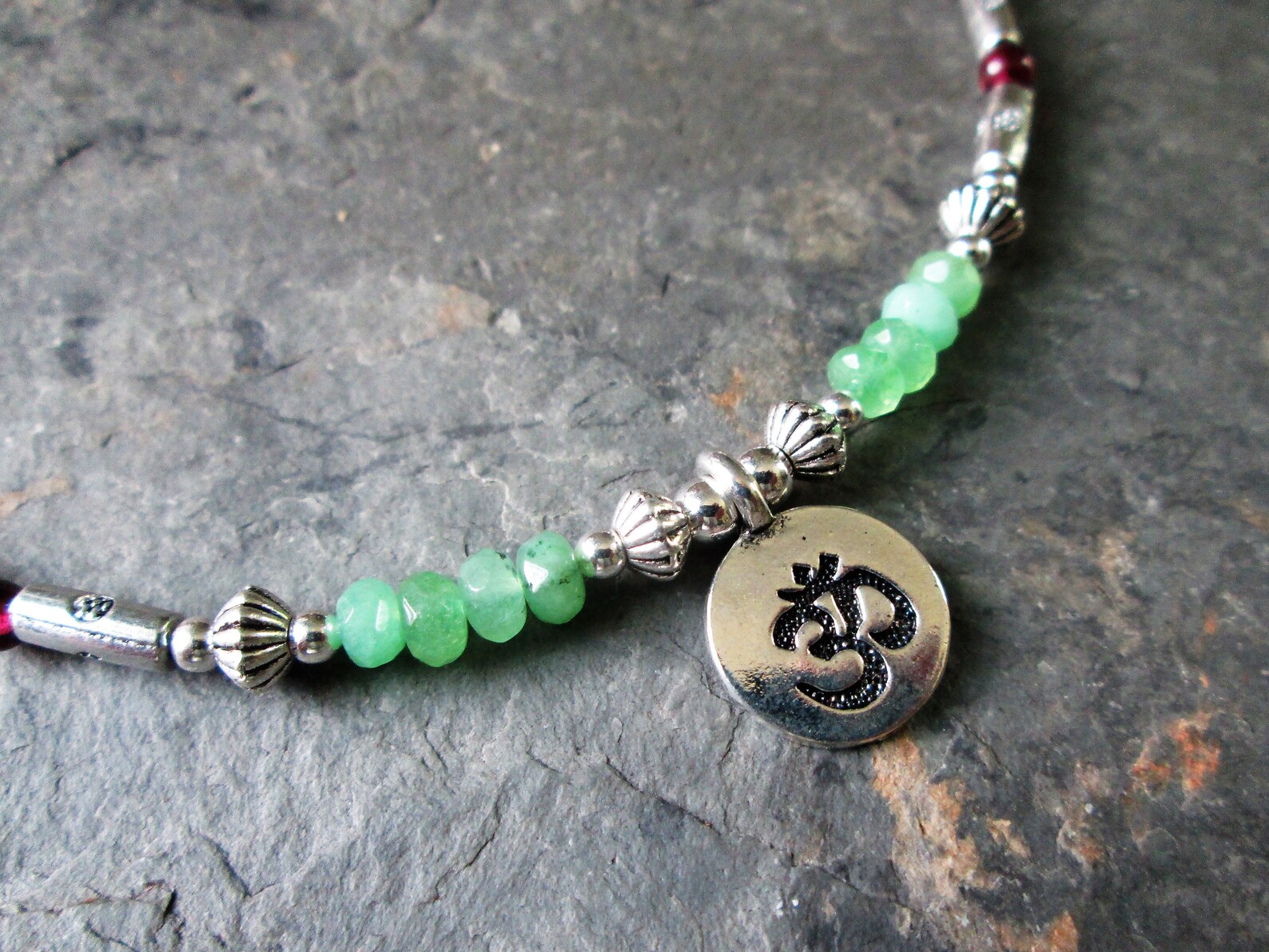 Red & Green Jade Ankle Bracelet With Silver Om Charm Etsy