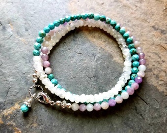 Rainbow Moonstone, Lavender Jade & Faceted Turquoise Wrap Bracelet or Gemstone Necklace