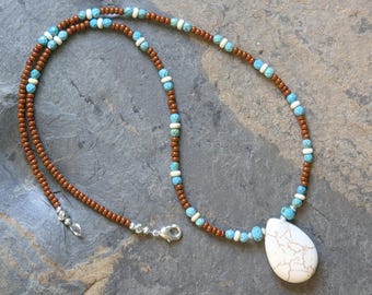 Faceted Turquoise, Seed Bead, Natural Magnesite Pendant Necklace