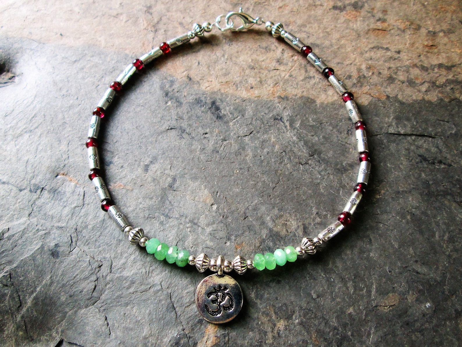 Red & Green Jade Ankle Bracelet With Silver Om Charm Etsy