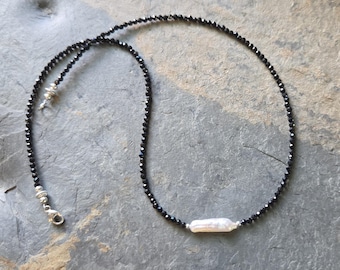 Faceted Black Spinel, Freshwater Pearl, Sterling Silver Beaded Necklace