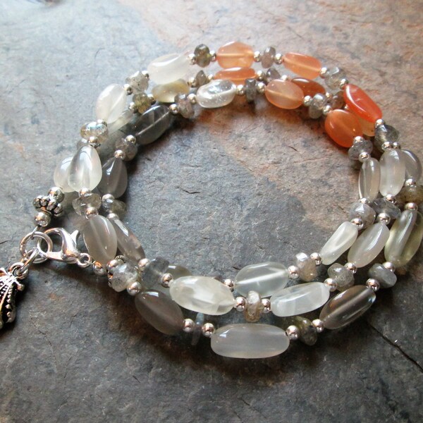 Moonstone & Labradorite Wrap Bracelet or Necklace - Gray, Peach, White Stones, Seashell Charm - Reiki Charged Metaphysical Jewelry