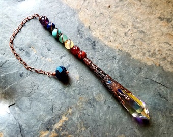 7 Chakra Pendulum - Chakra Gemstones with Aurora Borealis Crystal Base - Reiki, Meditation, Lightworker Tool, Chakra Healing