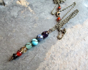 7 Chakra Necklace - Wire Wrapped Chakra Gemstone Pendant on Brass Chain - Metaphysical Jewelry