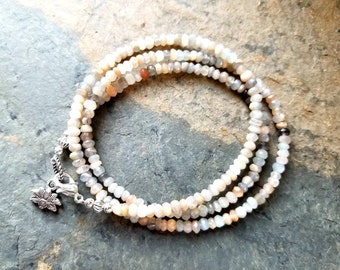 Faceted Moonstone Wrap Bracelet - Gray & Peach Moonstone, Silver Lotus Charm