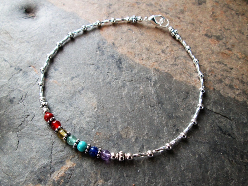 7 Chakra Anklet - Chakra Gemstones & Silver Beaded Ankle Bracelet - Reiki Charged Metaphysical Jewelry 