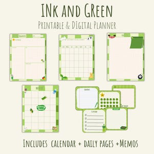 Könnte beinhalten: Ein druckbarer und digitaler Planer mit einem grün-weiß karierten Hintergrund. Der Planer enthält einen Kalender, Tagesseiten und Notizseiten. Der Text "INK AND GREEN" befindet sich oben im Bild. Der Text "INCLUDES CALENDAR + DAILY PAGES + MEMOS" befindet sich unten im Bild.