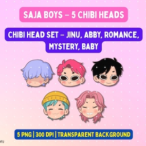 K‑Pop Demon Hunters  Saja Boys Chibi Heads PNG Clipart | Jinu Abby Mystery Romance Baby | Instant Download Fan Art