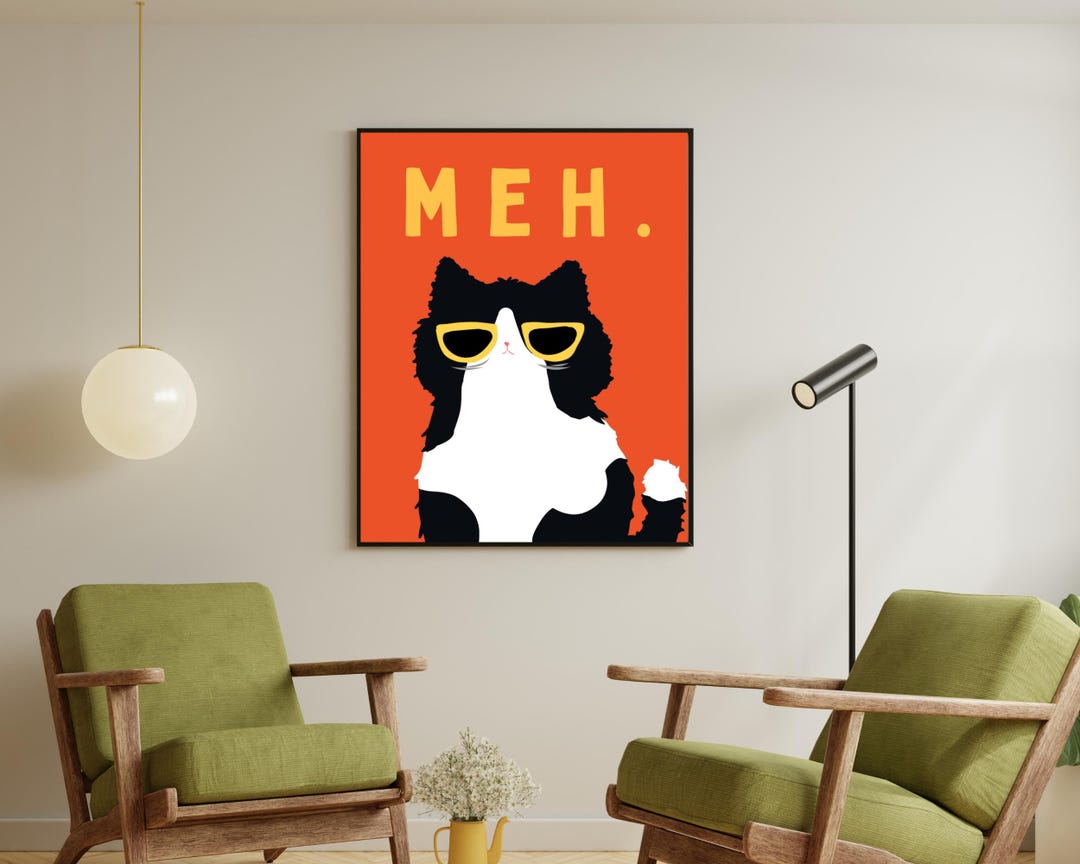Tuxedo Cat Wall Art – “meh” Funny Black Cat Poster | Digital Cat Print ...