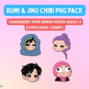 K‑Pop Demon Hunters  Rumi & Jinu Chibi Head PNG | Kawaii Anime Clipart | Saja Boys Fan Art Digital Download