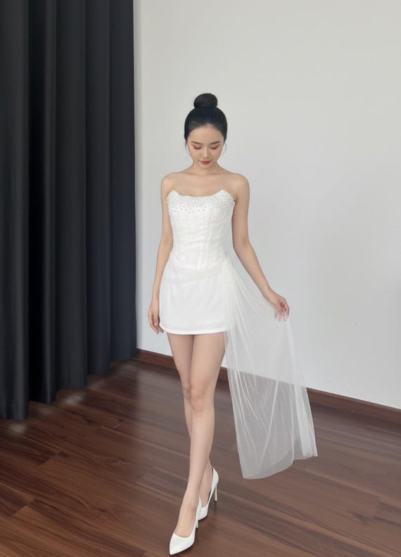 Asymmetrical Draped Mini Wedding Dress / Short Tulle Wedding Dress / Pearl  Wedding Dress / Wedding Reception Dress / Elopement Dress