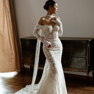 Lace Wedding Dress / Corset Wedding Dress / Mermaid Wedding Dress / Off the Shoulder Wedding Dress / Long Sleeve Wedding Dress / SA093