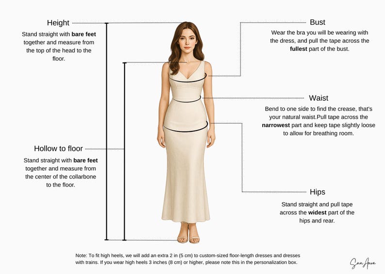 May include: Diagram illustrating how to measure for a dress. Instructions include measuring height, bust, waist, hips, and hollow to floor. The image shows a woman in a cream-colored dress with measurement guidelines.