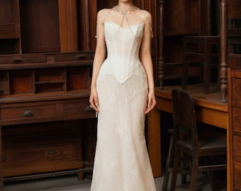 Modern Gatsby Wedding Dress /Bridal Separtes / Fantasy Wedding Dress / Basque Waist Wedding Dress / SA001