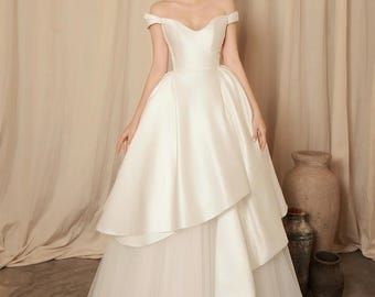 Satin Wedding Dress / Winter Wedding Dress / Off The Shoulder Wedding Dress / Midi Wedding Dress / White Midi Dress / SA008