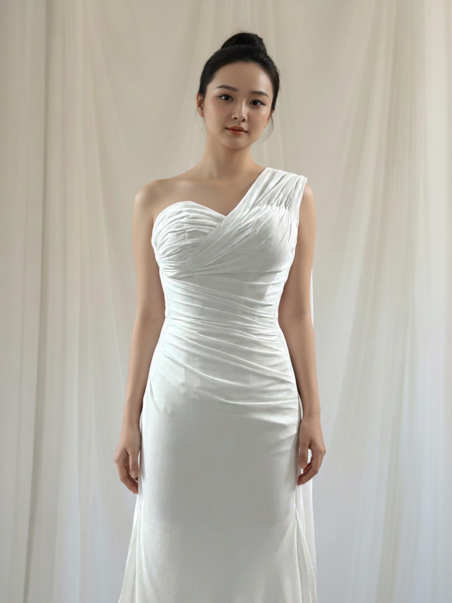 open lace back dress RC6225 Grecian One Shoulder Wedding Dress – Saja Wedding main image 1