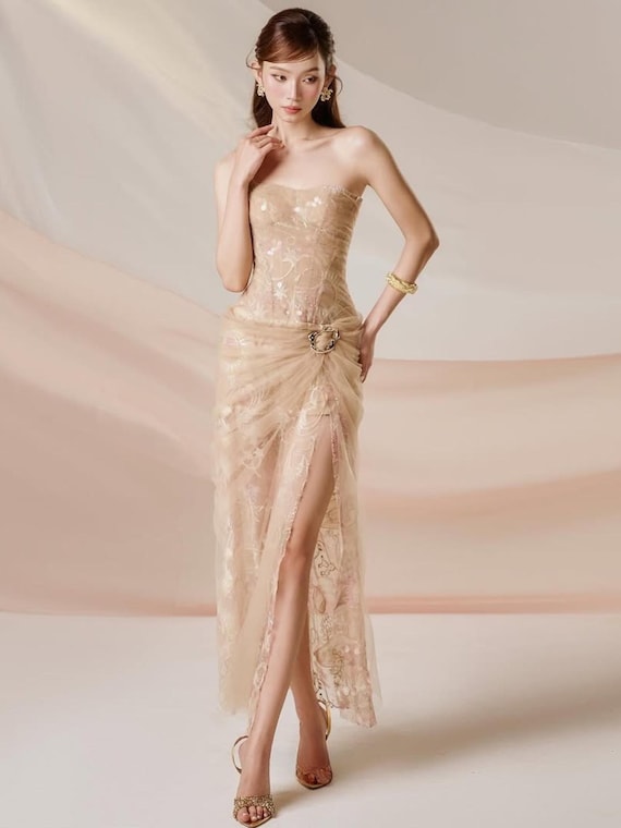 midi white graduation dress plus size Athena Dress in Champagne – Dress911 main image 1