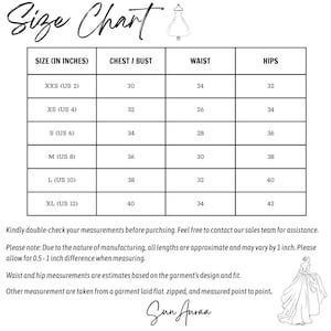 May include: A size chart with measurements in inches for dresses. Sizes range from XXS (US 2) to XL (US 12), with chest/bust, waist, and hip measurements provided. The chart includes a note about measurement variations and a signature.