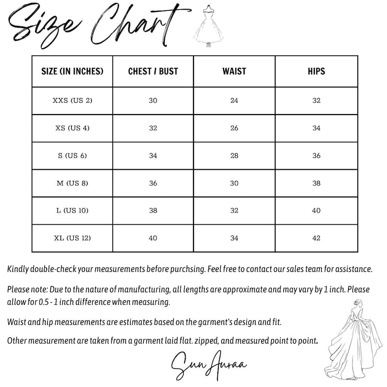 May include: A size chart with measurements in inches for dresses. Sizes range from XXS (US 2) to XL (US 12), with chest/bust, waist, and hip measurements provided. The chart includes a note about measurement variations and a signature.