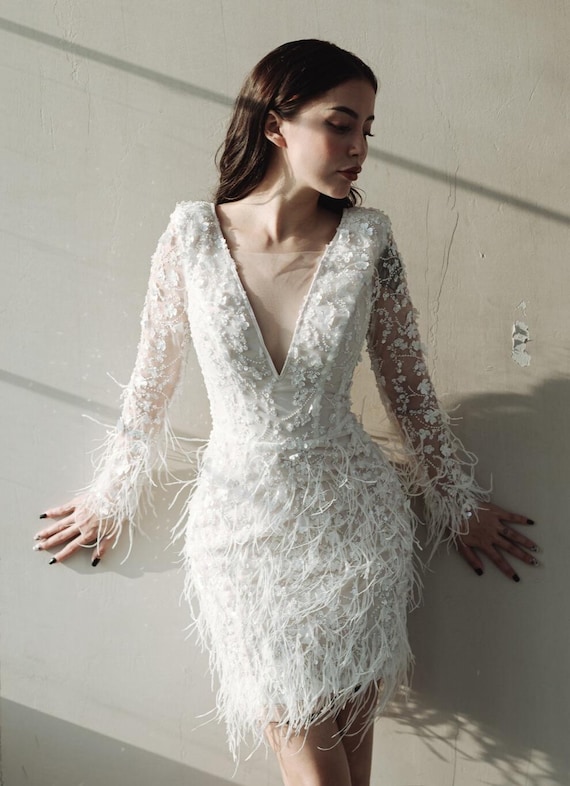 green emerald velvet dress Fit and Flare Lace Crystals Necklace Wedding Dresses Open Back Bridal Gowns  with Feather – Ballbella main image 1