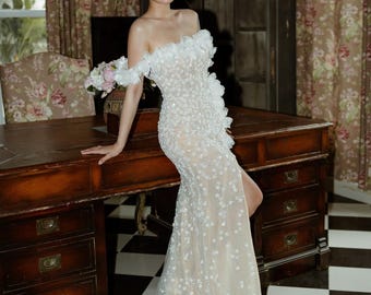 Off the Shoulder Wedding Dress / Wedding Reception Dress / Elopement Wedding Dress / Mermaid Wedding Dress / Floral Wedding Dress / SA088