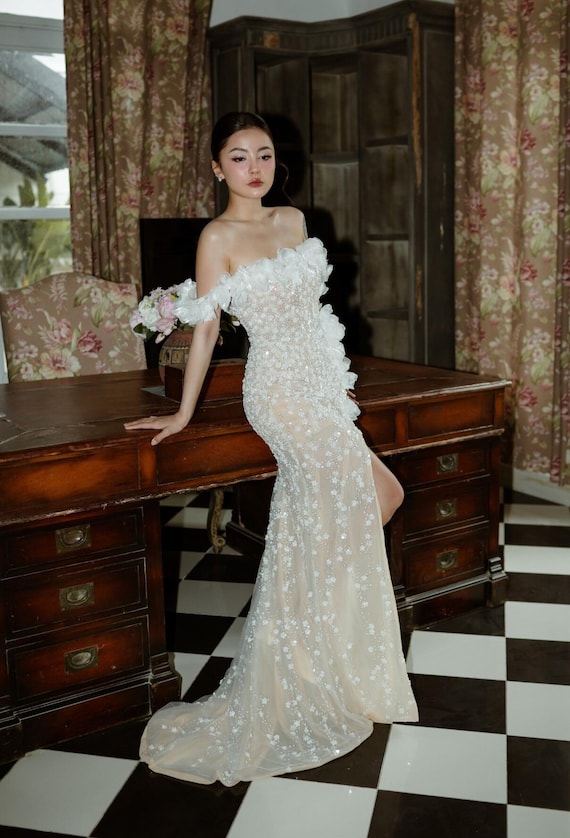 off the shoulder reception dress Off the Shoulder Wedding Dress / Wedding Reception Dress / Elopement  Wedding Dress / Mermaid Wedding Dress / Floral Wedding Dress / SA088