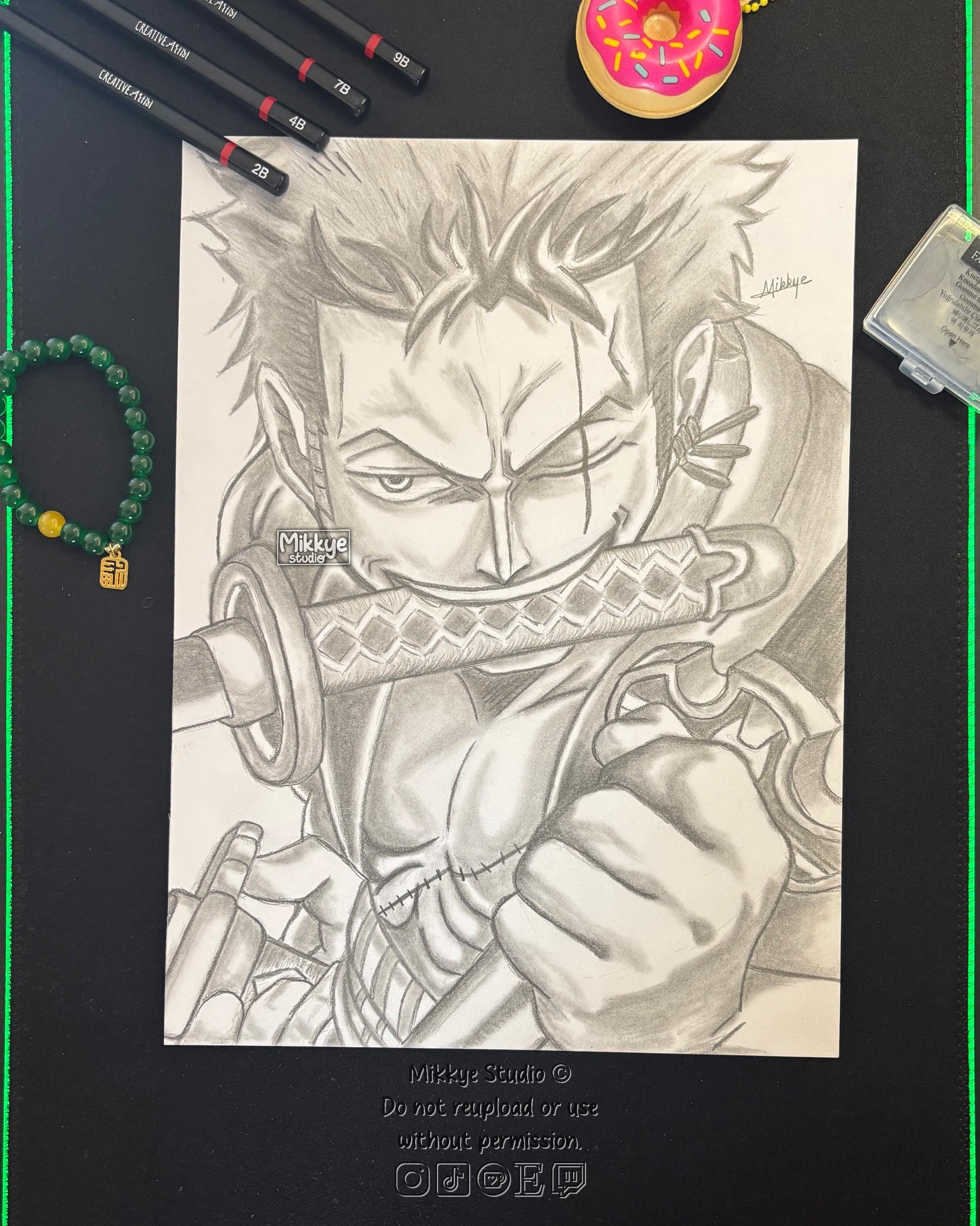 ロロノア・ゾロの伝統的なファンアート – 額装されたユニークな A4