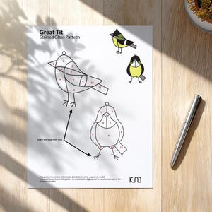 Puede incluir: Un papel blanco con un diseño de "Great Tit Stained Glass Pattern". El patrón incluye contornos de aves con secciones numeradas y dos pequeñas ilustraciones de aves. Un bolígrafo plateado descansa sobre una superficie de madera.