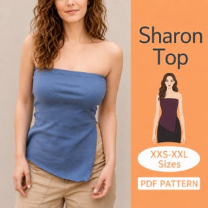 May include: A blue strapless tube top with a side slit, paired with tan pants. The image includes text reading Sharon Top, XXS-XXL Sizes, and PDF PATTERN, alongside an illustration of the top worn with a dark skirt on an orange background.
