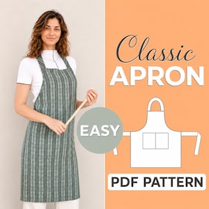 Peut inclure: Un tablier à rayures vertes et gris foncé porté sur un haut blanc. L'image contient le texte Classic APRON, EASY et PDF PATTERN, ainsi qu'un dessin au trait blanc d'un tablier avec deux poches avant sur un fond de couleur orange.