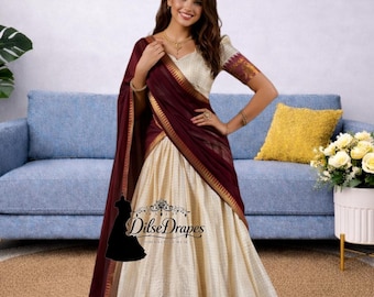Traditional Lehenga saree for women Indian wedding onam pattu silk, South indian half saree, Pongal dress party wear
