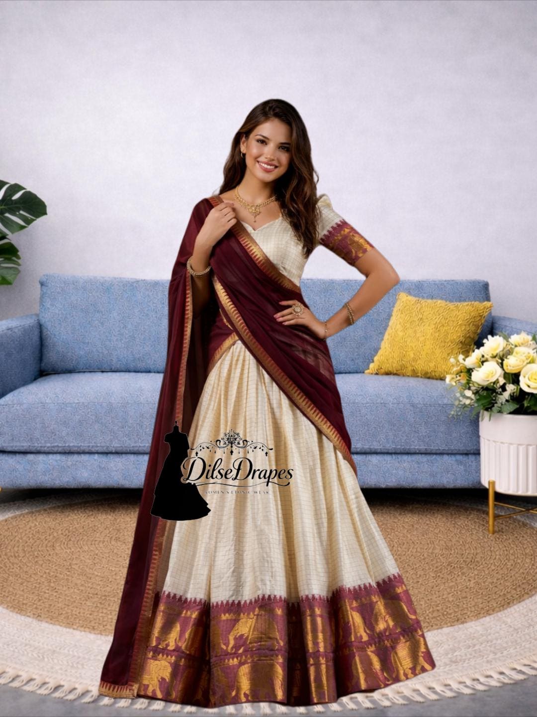 chinese dress ladies Ganapathy handwork golden Tissue Set Mundu with Blouse Material / Read –  Indian Spices and Handicrafts Online main image 0