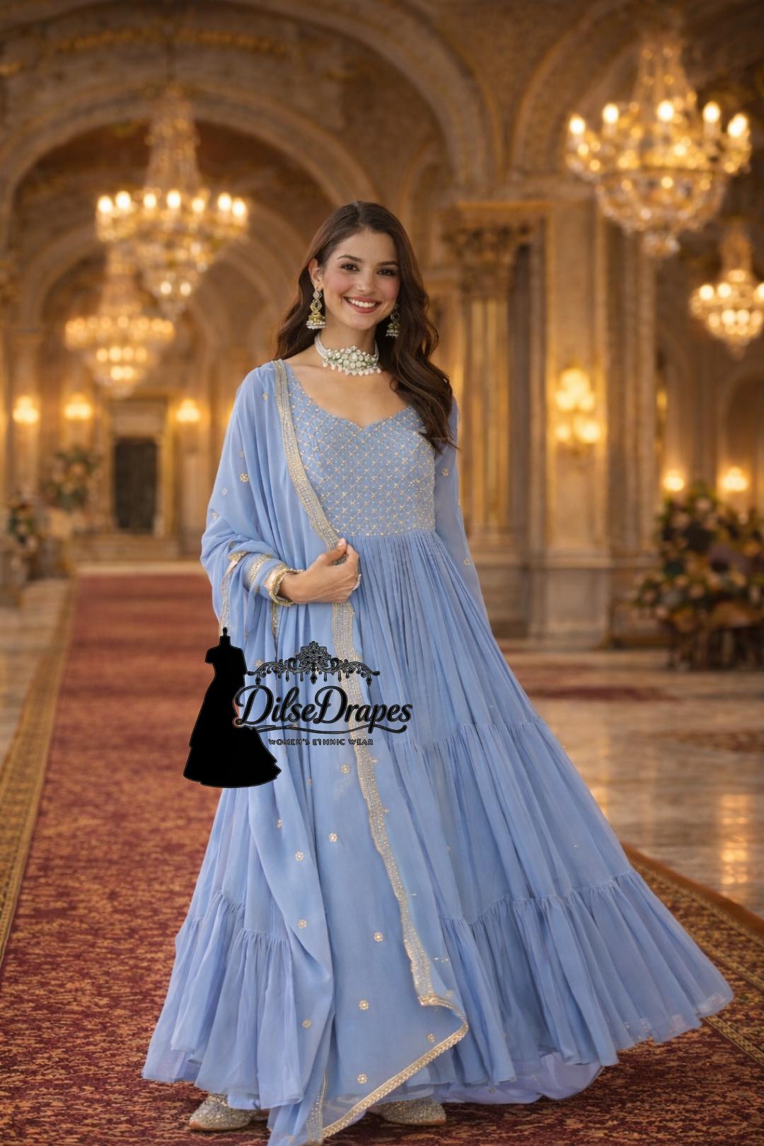 anarkali dress blue Navy Blue Abstract Printed Organza Anarkali Suit Set (286-NavyBlue-AFKB) main image 1