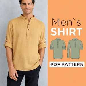 Mens Popover Shirt Sewing Pattern | Button Down Polo Shirt | Mens Casual Top | XXS to XXL | A0, A4 & US Letter | Illustrated Tutorial