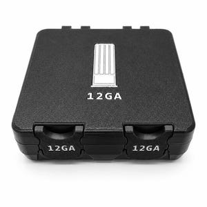 May include: A black, rectangular case with the text "12GA" in white. The case has a textured surface and a graphic of a shotgun shell. The case has two hinged closures, each labeled "12GA".