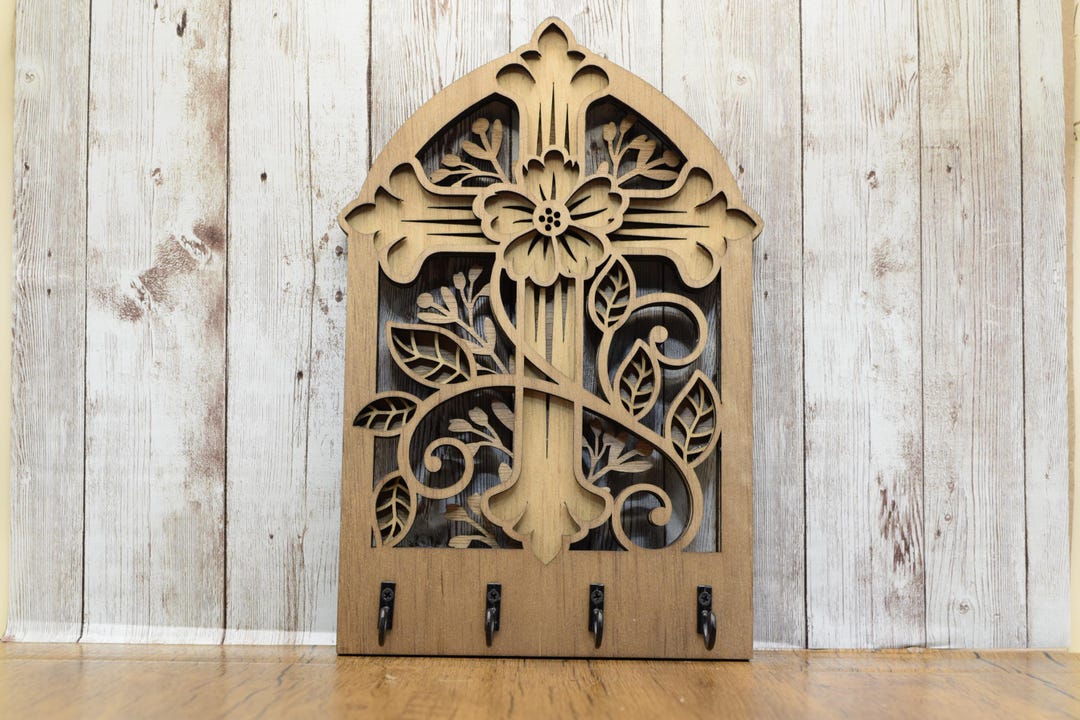 Floral Cross Key Holder – Layered Wood Organizer With Faith-inspired ...