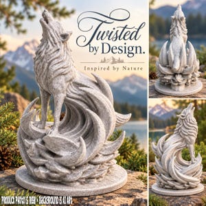 May include: A light gray speckled wolf figurine standing on a circular base, howling with its head tilted upward. The sculpture features stylized, swirling fur patterns. Text on the image reads Twisted by Design. Inspired by Nature.