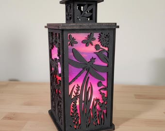 Layered Nature Lanterns – 6" x 9" Dragonfly, Deer & Wolf, Bee, Sunflower or Cat Stained Glass Style Decor