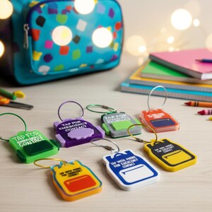 May include: A collection of colorful emergency contact tags shaped like backpacks. Each tag has a metal loop and the text "TAP FOR EMERGENCY CONTACT" or "TAP WITH PHONE FOR EMERGENCY CONTACT". A blue backpack, notebooks, and crayons are in the background.