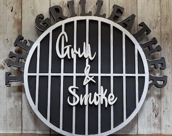 The Grillfather – Funny BBQ Sign with Grill & Smoke Design | Handmade Outdoor Cooking Wall Art