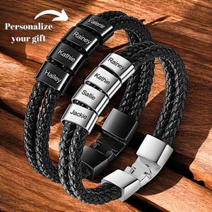 Personalized Braided Leather Bracelet: Custom Engraved Names